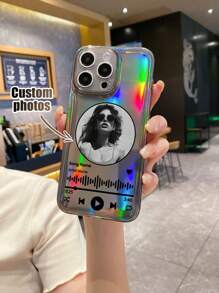 1pc Customizable Transparent TPU Music Player Pattern Shockproof Phone Case & 1 Piece Laser Reflective Card Paper, Compatible With IPhone/Matching Phone Case/Phone Case With Holder/Wristband Phone Case/Funny Phone Case/Android Phone Case/ Phone Case/ Phone Case/OPPO Phone Case/Galaxy A51 4G - Multicolor - View 5