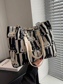 Túi đeo vai họa tiết thỏ Jacquard màu tương phản thời trang - trắng - Xem 4