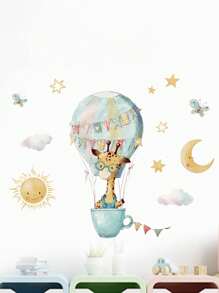 水彩蝴蝶墙贴、北欧风格卡通长颈鹿墙贴、热气球墙贴、云星复古汽车墙贴、儿童卧室婴儿房装饰自粘墙贴、男孩/女孩房间、幼儿园贴纸 - 彩色 - 查看 7