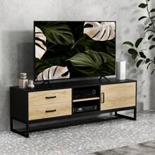 HOMCOM HOMCOM Meuble TV meuble télé bois banc TV pour téléviseur jusqu'à 60 pouces avec placard, compartiments ouverts, 2 tiroirs, étagère réglable et passe-câbles pour salon chambre à coucher, bois naturel