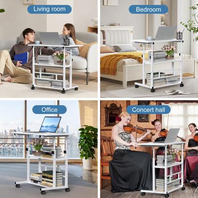 Table d'appoint de canapé lit pour salon et chambre, Hauteur réglable 74.5-95.5cm, Table 80x40cm à 3 niveaux, Grande capacité, Facile à déplacer avec roulettes, Portable et polyvalente, Couleur Blanc