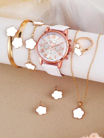 7 件套：1 块 PU 皮革粉色女孩手表、1 条四叶草手链、1 条项链、1 对耳环、1 枚戒指