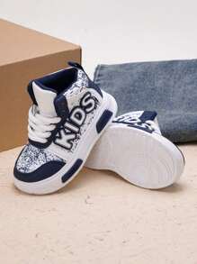 1 双中性儿童高帮平底休闲运动鞋，儿童软底防滑皮革透气运动鞋，百搭时尚跑鞋，适合春、夏、秋、冬 - 藍色 - 查看 5