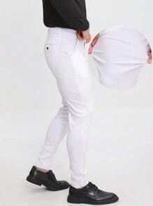 ALLELMS 男士修身抗皱弹力棉斜纹西裤 - 白色 - 查看 2