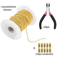 5 米英尺不锈钢链条，1.2-4 毫米珠链，带 10 个球形连接扣和钳子，用于项链悬挂装饰钥匙链狗宠物牌金色 - 彩色 - 查看 14