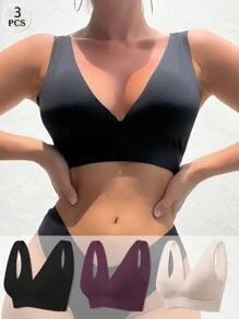 3 件装性感 V 领纯色无钢圈无缝胸罩
