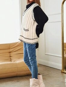 Pull sans manches en maille col V pour femmes, design twist bicolore, décontracté et confortable, printemps/automne - Beige - Voir 4