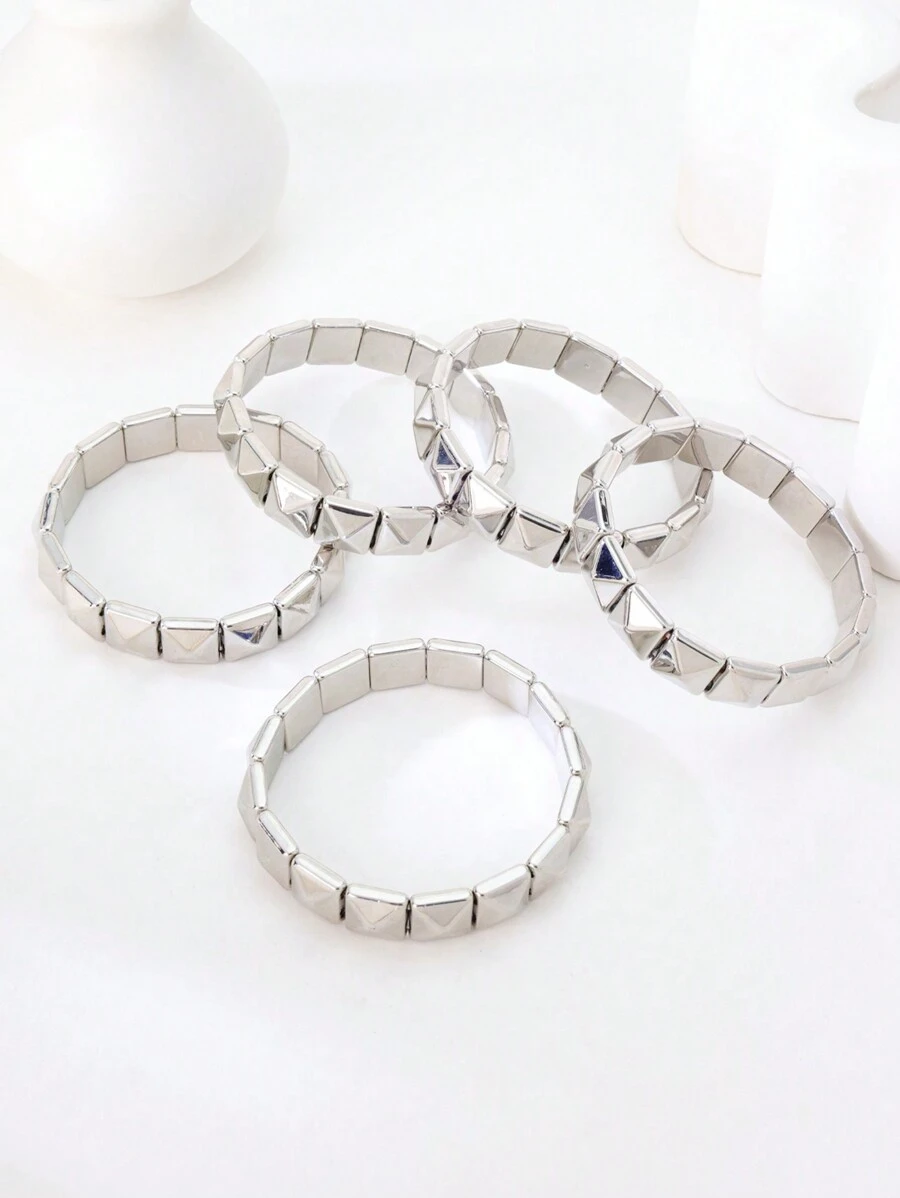 LADYCOCO 5pcs Punk Style New Bracelet Couple Design Women's Silver Personalized Bracelet Daily Wear Party Music Festival - 5 Rings Silver - View 1