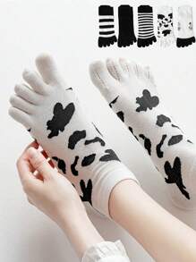 1 par de meias femininas separadoras de dedos, meias leves e respiráveis com gáspea baixa, absorvem o suor, meias curtas com tubo, meias curtas resistentes a odores e estampa de vaca fofa para o verão, meias femininas com tubo