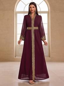 YISIKADO Vestido de noche estilo árabe para mujer, vestido largo con cinturón, cuello alto, mangas largas, de chifón y encaje bordado, ideal para fiestas, invitada de boda y eventos formales