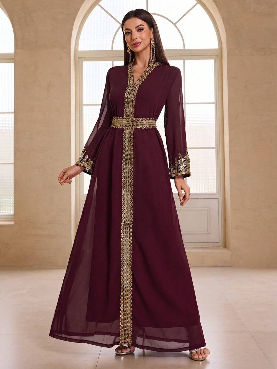 YISIKADO 女士阿拉伯风格宴会晚礼服，雪纺蕾丝刺绣V领长袖系带连衣裙，派对礼服，婚礼宾客礼服，正式礼服，长裙，适合情人节和春季穿着