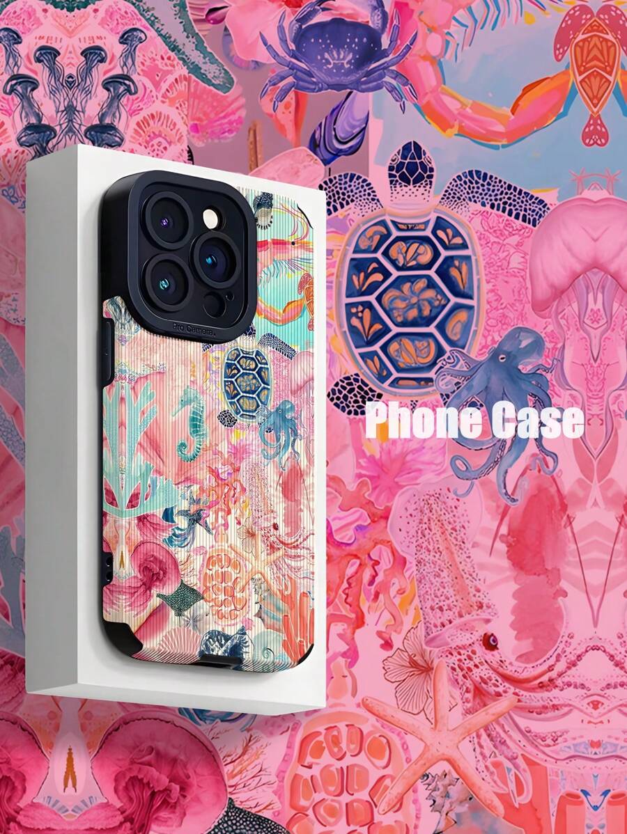 1pc Soft Silicone Phone Case With Light Blue & Pink Marine Life Graphic, Vertical Stripe & Faux Leather Texture, Compatible With IPhone Apple 16/16 Plus/16 Pro/16 Pro Max & Waterproof Shockproof Anti-Fall Scratch Resistant - Multicolor - View 1