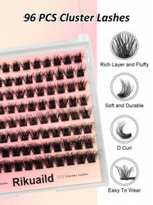 Rikuaild 蓬松假睫毛簇，96根单根假睫毛，浓密簇状假睫毛，D型卷翘睫毛簇，自然妆效，单根假睫毛长度10-16mm，浓密簇状假睫毛，睫毛簇，睫毛簇，单根假睫毛，假睫毛