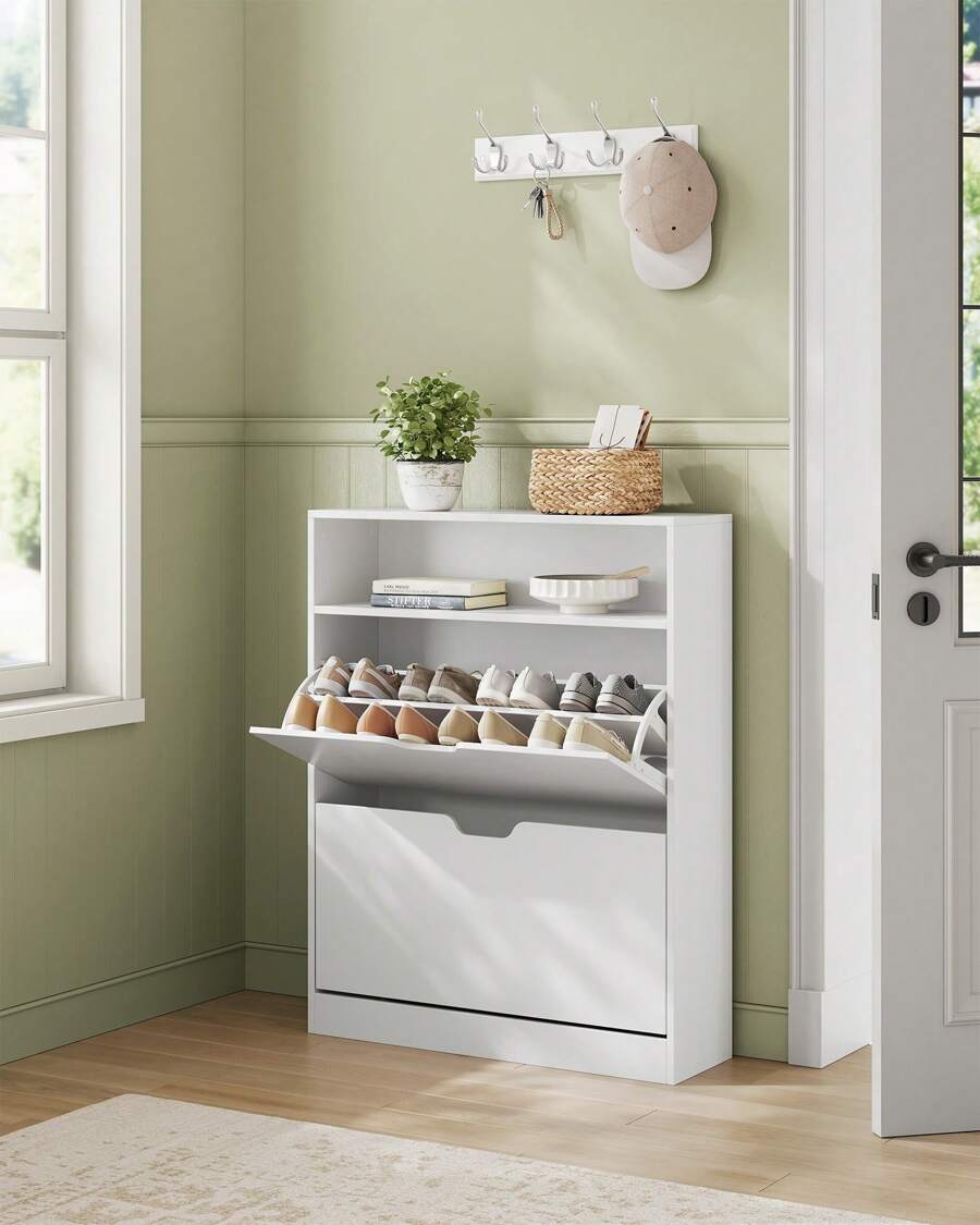 VASAGLE Shoe Cabinet 2 Flip Doors, 3 Tier Shoe Rack, With 1 Open Compartment, Adjustable And Removable Divider, For 11-16 Pairs Shoes, For Narrow Entrance, 24 X 80 X 102 Cm, White - 白色 - 查看 1