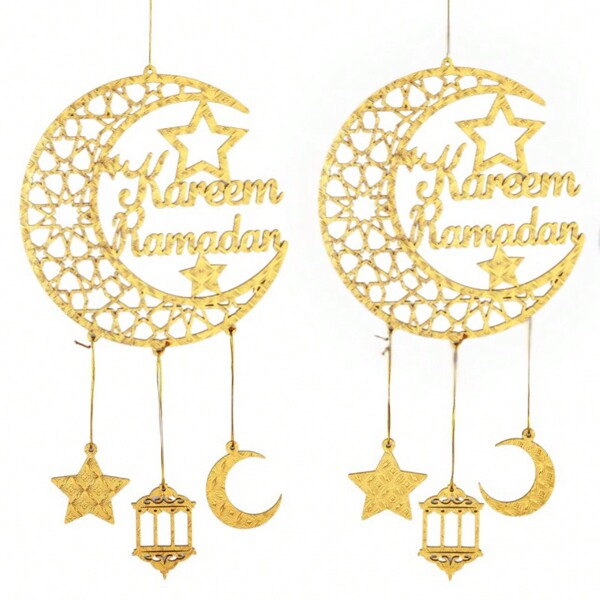 2 Pezzi Cartello Porta Eid Mubarak in Legno, Decorazioni Ramadan Kareem Vuote a Forma di Luna e Stelle, Decorazione da Parete per Festa Ramadhan Mubarak in Legno per Decorazione Casa Islamica Musulmana