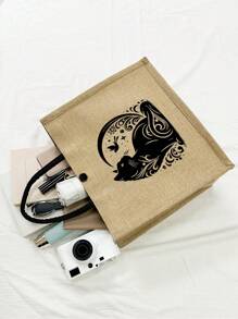 Khaki Linen Tote Bag,Including A Black Cartoon Cat Pattern Tote Bag And A Small Bag/Coin Purse,Mother's Day Gift, Personalized Gift Package, Yellow Linen Black Tote Bag With,Combination Of Small And Large Bags,Suitable For Weddings,Birthdays,Beaches, Holidays, Making It For Women,Mothers,Teachers, Friends, Bridesmaids,Big Bags,Students,Returning To School,The Perfect Gift For Animal Lovers