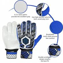 1 双成人男女通用蓝色 PU 足球守门员手套，机器缝制，适用于训练和比赛