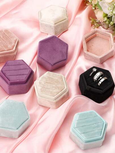 1 件天鹅绒珠宝戒指盒，3 槽六角形戒指礼盒复古戒指展示架，适用于婚礼求婚情人节礼物（黑色，3 槽）阳光旅行酷炫返校