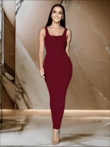 Women's Square Neck Fitted Long Dress - Red Violet - View 1