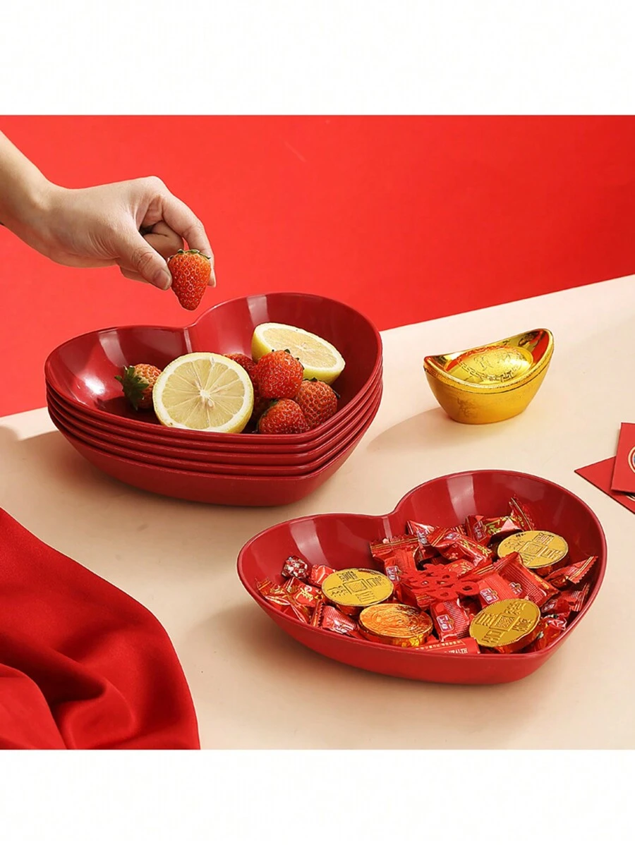 1/5pcs Red Heart Shaped Plates, Suitable For Cake, Snacks, Fruit, Kitchen, Wedding Event Decoration Valentine's Day - Red - View 1