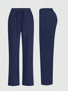 cimmuovere Women's Nursing Pants, Comfortable Solid Color Simple Multi-Pocket Scrub Uniform Pants Spring - Navy Blue - View 4