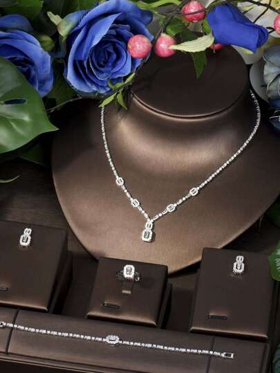 1 套简约方形锆石装饰首饰套装，适合日常佩戴，可作为女性礼物