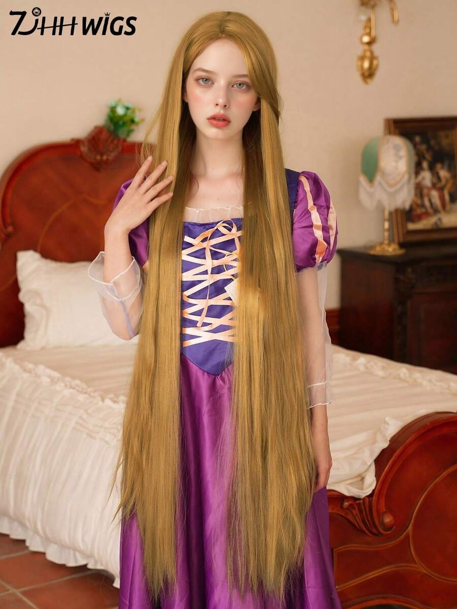 7JHH WIGS 女款長髮公主假髮 44英吋超長直髮假髮附瀏海 合成纖維耐熱假髮 適合女孩萬聖節派對 Cosplay 化裝舞會使用