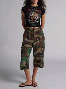 Women Crop Basic T-Shirts Summer Tiger Print Short Sleeve Tops Casual Pullovers For Streetwear Aesthetic Grunge Clothes - 黑色 - 查看 4