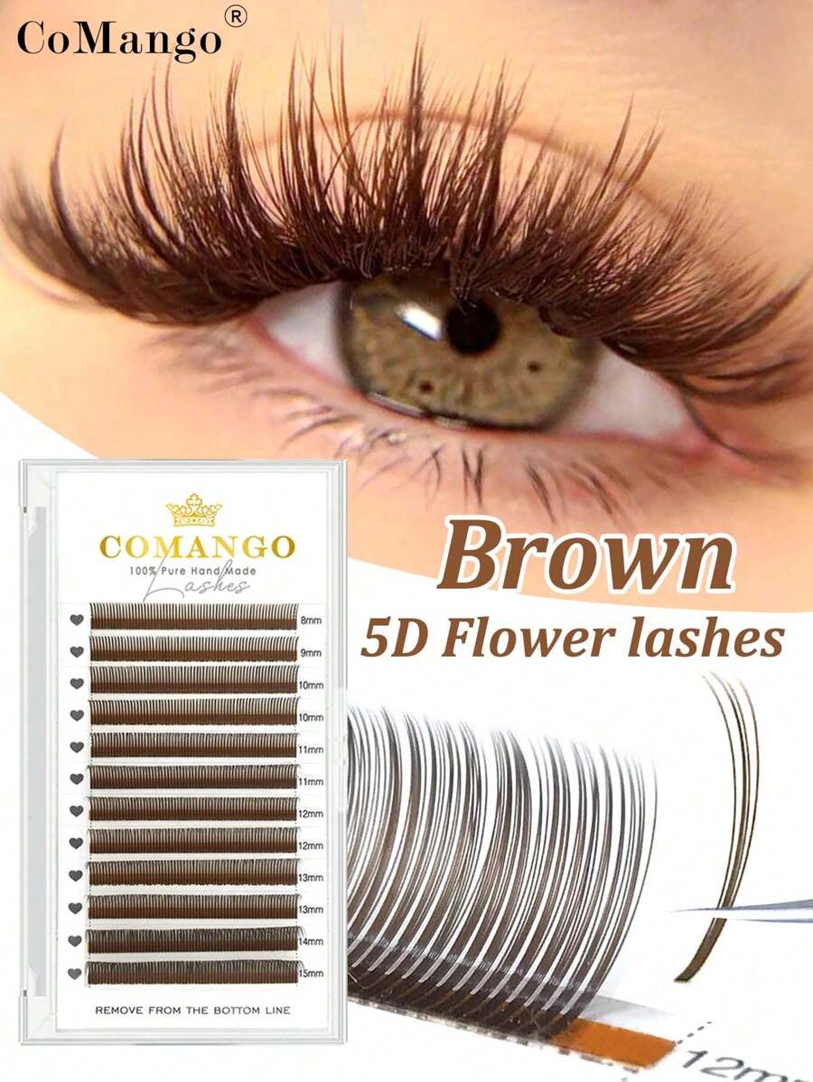 CoMango 12排C/D棕色5D花型假睫毛，蓬松浓密，纤长轻盈，预先扇形排列的睫毛簇，单根假睫毛，假睫毛，仿睫毛