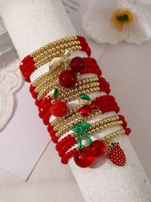 1pc Valentine's Day Y2K Creative Fashion Elegant Multi-Layer Resin Copper Cherry Strawberry Beaded Pendant Woven Bracelet Maas Red Lady Husband And Wife Sisters Couples Jewelry Gifts, Suitable For Daily Gifts Party Date Party Festival Wear Red Jewelry Adjustable Size,Mom,Mother,Mother's Day,Gift