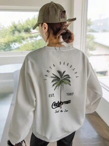 1 hanorac casual pentru fete, cu imprimeu tropical, cu guler rotund, mânecă lungă, îmbrăcăminte pentru studenți, toamnă/iarnă, potrivit pentru recreere în aer liber