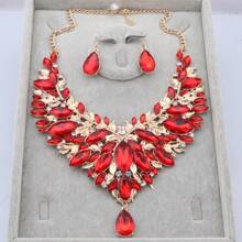1 Set Elegant Crystal & Rhinestone Water Drop Necklace Earrings Jewelry Set, Suitable For Women Wedding Party Holiday Celebration, Birthday & Valentine's Day Gift,Mom,Mother,Mother's Day,Gift