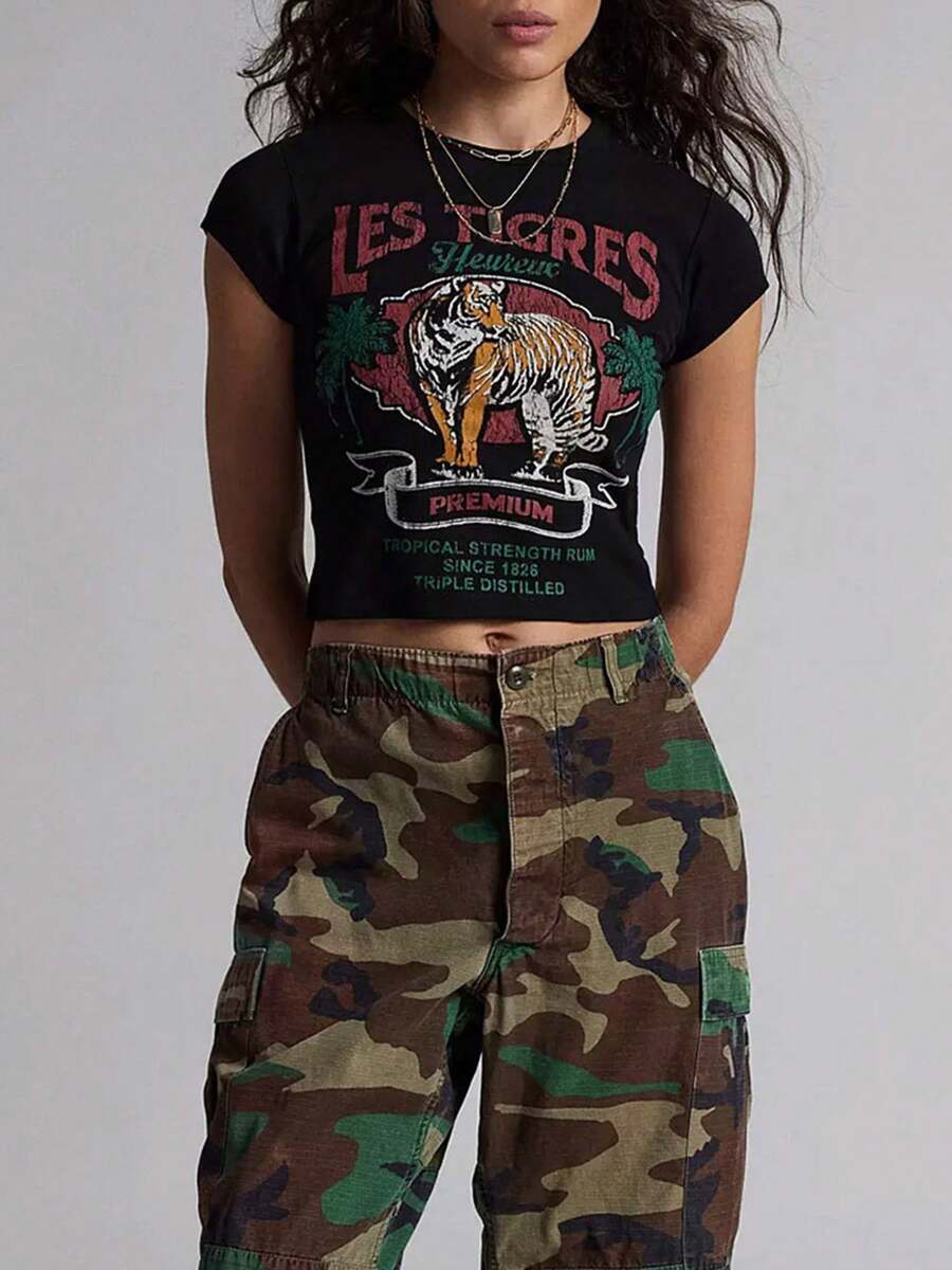 Women Crop Basic T-Shirts Summer Tiger Print Short Sleeve Tops Casual Pullovers For Streetwear Aesthetic Grunge Clothes - 黑色 - 查看 1