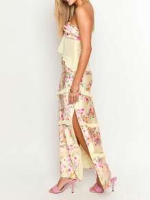 Women's 2 Piece Skirt Sets Off Shoulder Split Front Strapless Crop Tube Top Bodycon Maxi Skirt Summer Floral Outfits - Bụi hồng - Xem 3