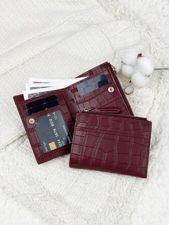 SOUTHLAND&KANGAROO Bolsa burdeos, bolsa rojo cereza, bolsa vino tinto, billetera pequeña con detalles de letras plegable y bolsillo, billetera de mujer plegable y delgada, ligera y portátil, estuche para tarjetas de crédito y llaves, billetera corta moderna y bonita