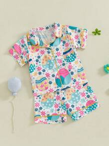 Girls 2PCS Sets Short Sleeve Lapel Button Up Dount/Clover/Egg/Leopard Heart Print Shirt Shorts