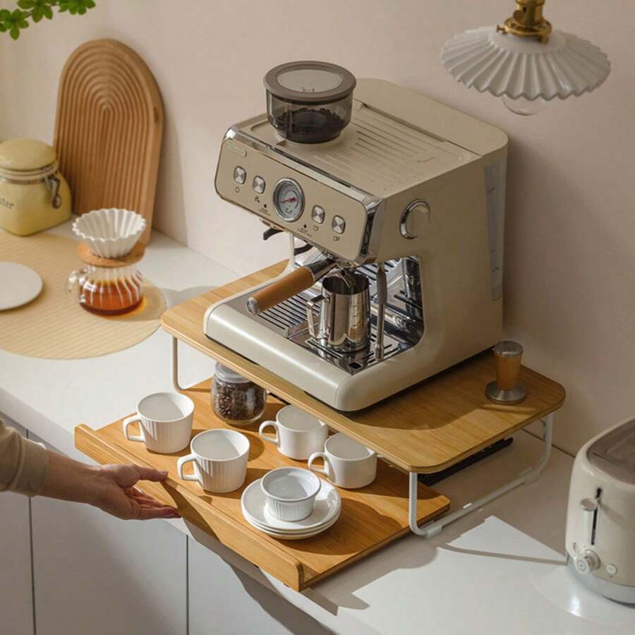 Bamboo Coffee Tea Pod Holder Machine Stand With Hollow Out Drawer Organizer Storage Office