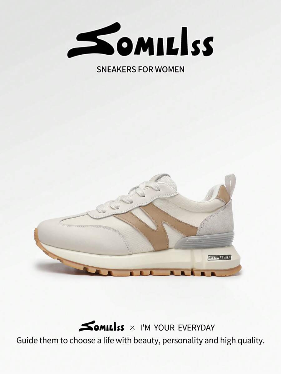 somiliss 2025 New Sports Style Anti-Slip Women's Casual Sneakers, Front Lace-Up, Synthetic Leather & Fabric, Breathable & Comfortable, Tennis/Running Shoes, Classic Retro Flat Low-Top Outdoor Walking Shoes, Apricot