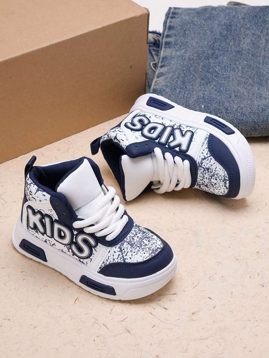 1 双中性儿童高帮平底休闲运动鞋，儿童软底防滑皮革透气运动鞋，百搭时尚跑鞋，适合春、夏、秋、冬 - 藍色 - 查看 1