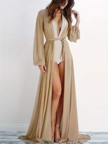 Women Chiffon Bikini Cover Ups Long Sleeve Deep V Neck See-Through Maxi Dress Sexy Lace-Up Summer Beachwear - 肉桂色 - 查看 1