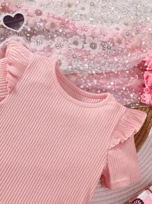 Young Girls Ribbed Solid Color Cap Sleeve Ruffle Top & Butterfly Print Strap Shorts 2 Pieces Set, Spring/Summer