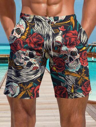 Herrshorts med personlig design och dödskalletryck i 3D-stil för semestern, Hawaii-stil