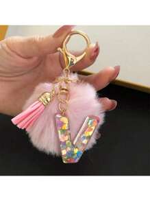 1 Pc,Alphabet Initial Letter Keychain Cute Plush Pom Pom Key Chain Ring Bag Backpack Charm Car Hanging Pendant Women Girls Gift,Cute Sequins Resin Key Chain,Wallet And Handbag Accessories, Keychain With Tassels,Alphabet Initial Letter A-Y - Pink - View 18