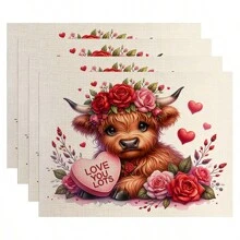 Valentine's Day Placemats-Set Pink Highland Cow Tablecloths 4/2/1 Pc Table Mats Red Heart Place Mats Valentines Decorations Heart Placemats For Memorial Day Decor - Khaki - View 3