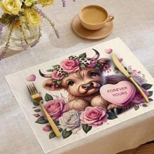 Valentine's Day Placemats-Set Pink Highland Cow Tablecloths 4/2/1 Pc Table Mats Red Heart Place Mats Valentines Decorations Heart Placemats For Memorial Day Decor - Khaki - View 7