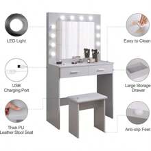 Dressing Table Set With LED Lights Mirror, Vanity Makeup Table 2 Large Drawers And Stool (Grey) - Grey - View 4