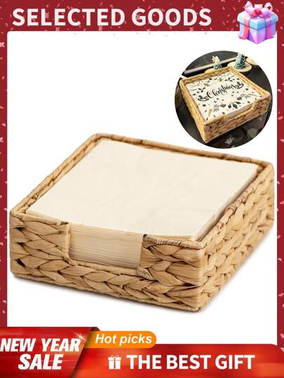 1pc Napkin Holder, For Table, Napkin Basket,Rattan Napkin Holders For Kitchen, Wicker Tray For Napkin, Water Hyacinth Handwoven Square Serving Tray For Dinning Room, Square,18*18*7cm