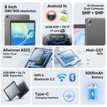 N-one NPAD Mini Android 14 N-One Tableta | CPU Allwinner de 8 núcleos (2,0GHz) | 4GB LPDDR4 + 64GB ROM | Pantalla táctil 8" 1340*800 | WIFI5 2,4GHz + 5GHz (sin LTE) | Batería 5000mAh | Puerto Tipo-C | Cámara 5MP + 5MP