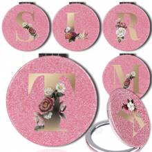 Tragbarer beidseitiger faltbarer runder Kosmetikspiegel in Taschengröße, funkelnder tragbarer faltbarer Schminkspiegel für Zuhause, Reisen, Outdoor-Gebrauch, Geschäftsgeschenk, Geburtstagsgeschenk mit 26 Buchstaben Muster