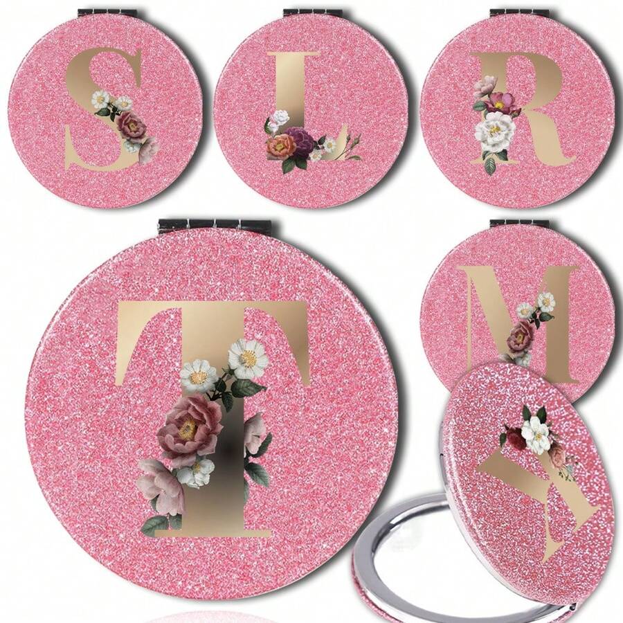 Tragbarer beidseitiger faltbarer runder Kosmetikspiegel in Taschengröße, funkelnder tragbarer faltbarer Schminkspiegel für Zuhause, Reisen, Outdoor-Gebrauch, Geschäftsgeschenk, Geburtstagsgeschenk mit 26 Buchstaben Muster